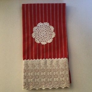 Red and Cream Stripe Cotton Lace Embellished Kitchen Towel—BRAND NEW
